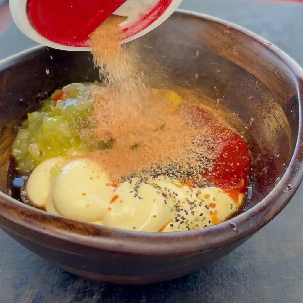 Seasoning spices being shaken from a container into a wooden bowl with mayonnaise, ketchup, and relish.