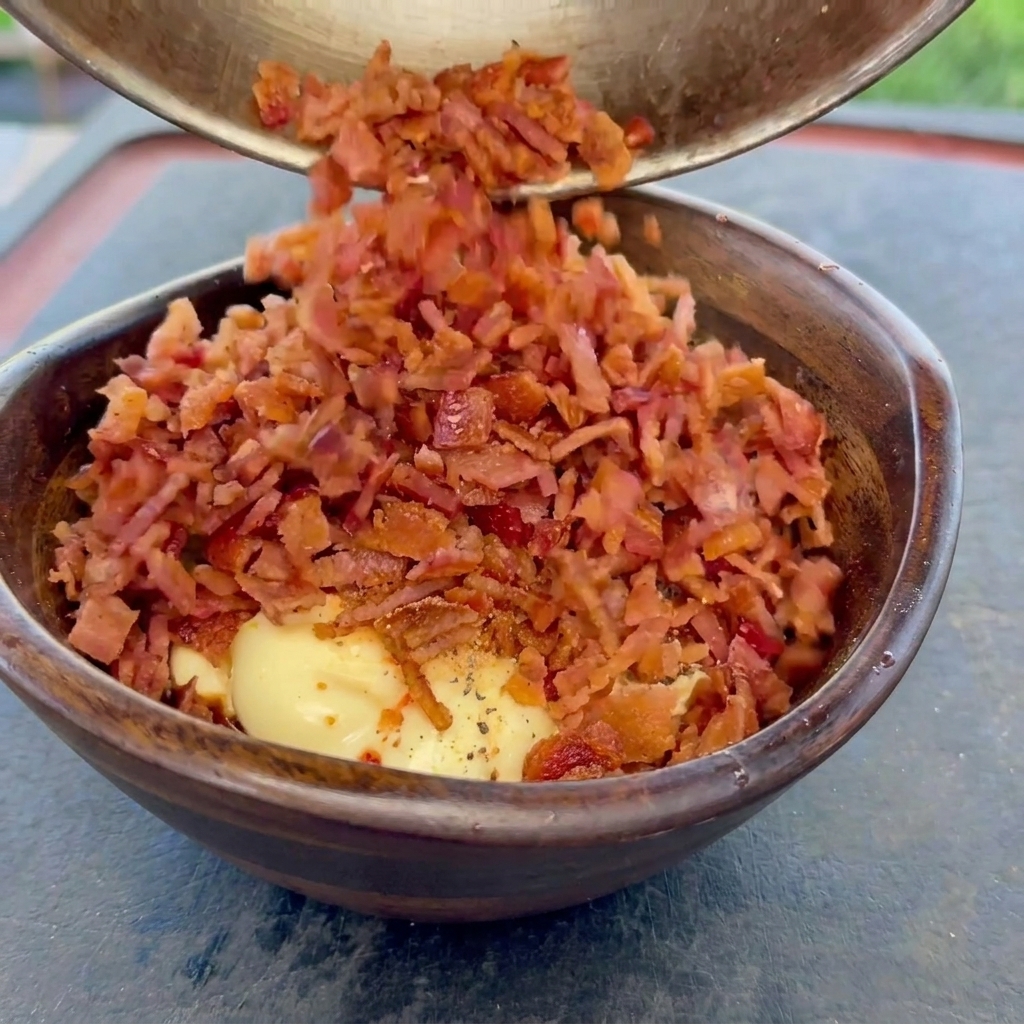 Crispy, finely chopped bacon bits pouring into a wooden bowl containing a creamy, seasoned sauce mixture.