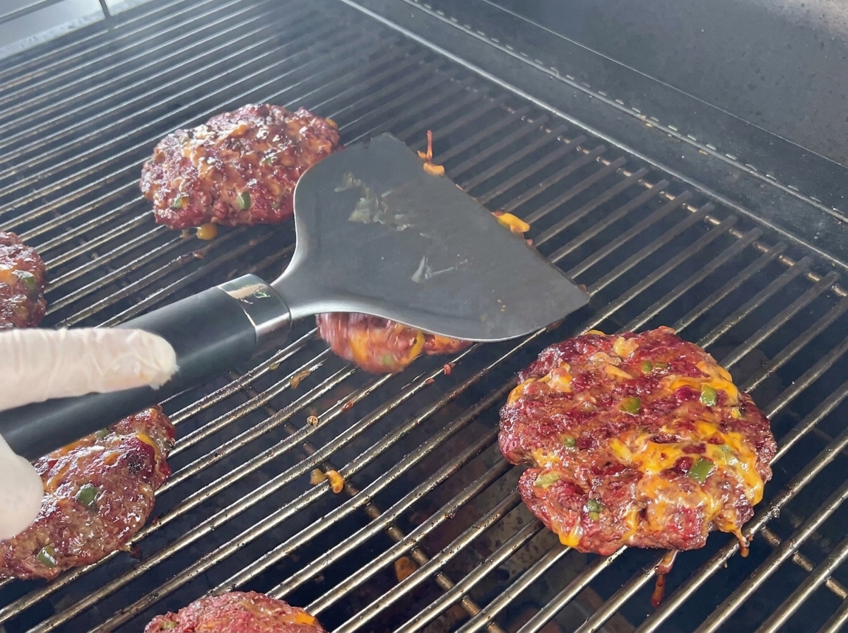Thick beef patties mixed with cheese and peppers cooking on a grill grate, with a hand using a wide black spatula to adjust one patty.