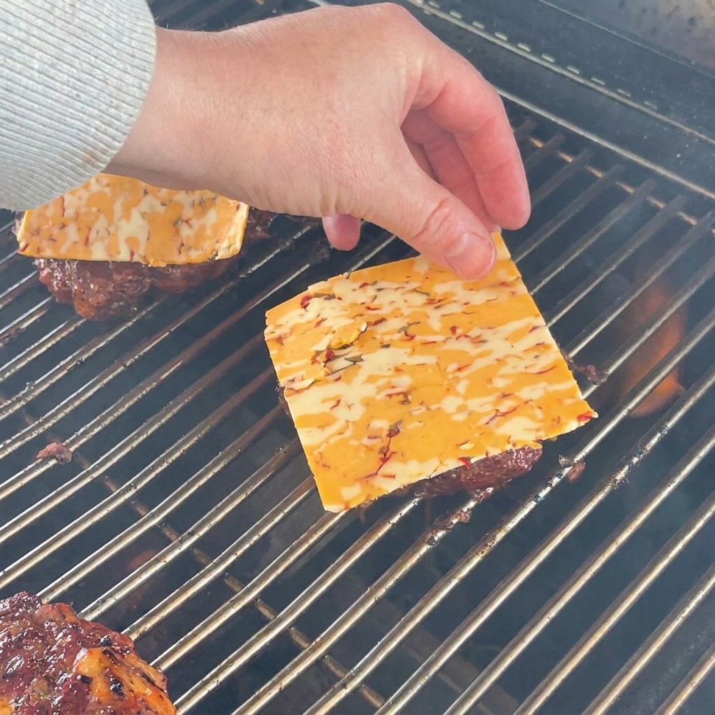 A bare hand carefully placing a square slice of marbled orange and yellow cheddar cheese onto a browned beef patty on the grill.