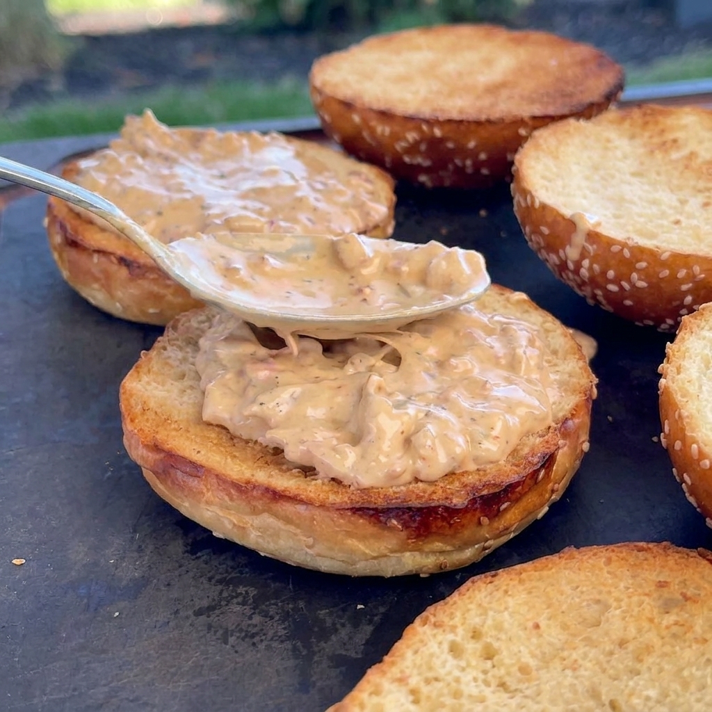 A metal spoon applying a thick, chunky layer of creamy bacon burger sauce onto toasted sesame seed burger buns.