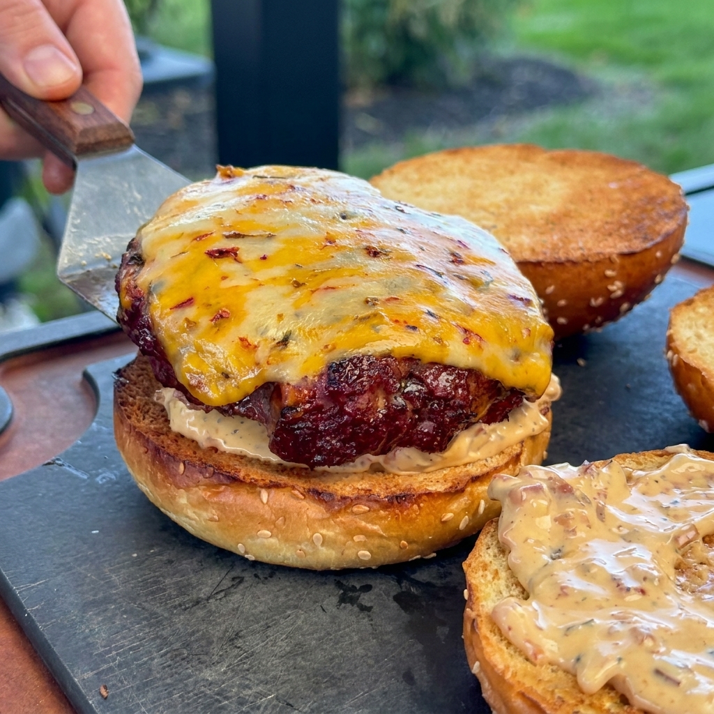 A metal spatula placing a thick grilled beef patty with melted cheese onto a toasted sesame bun coated with creamy sauce.