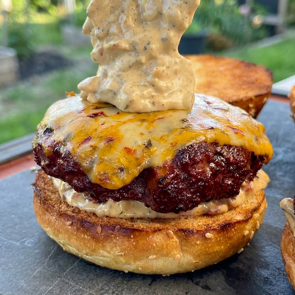 A large spoonful of thick, creamy bacon sauce being added on top of a melted cheese-covered smoked burger patty resting on a toasted bun.