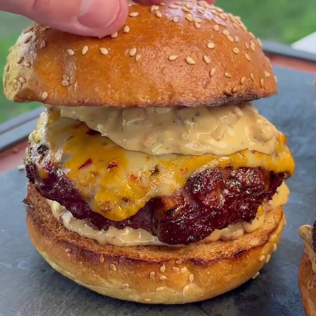 A hand placing a toasted sesame seed bun on top of a thick, juicy beef patty covered in melted cheese and creamy bacon sauce.