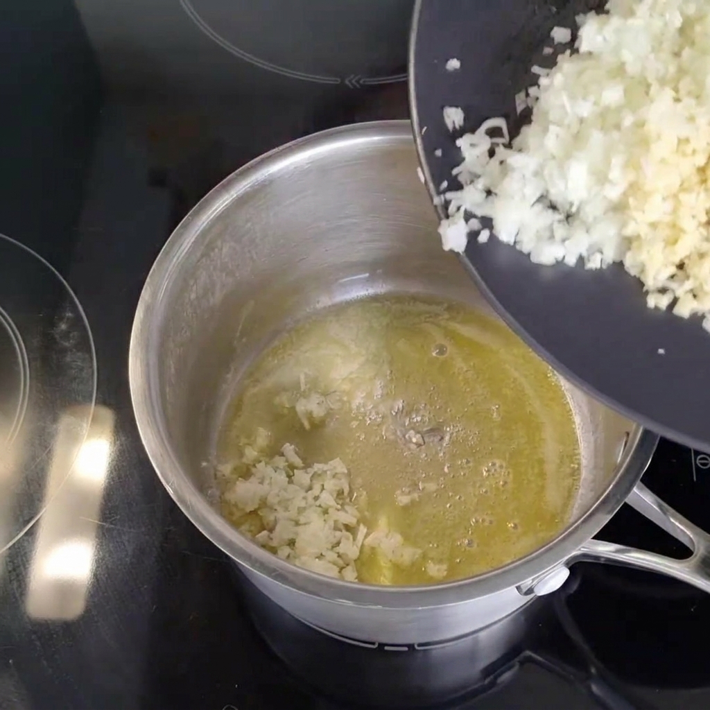 Finely chopped onions and garlic being slid from a black plate into a saucepan with melted butter.