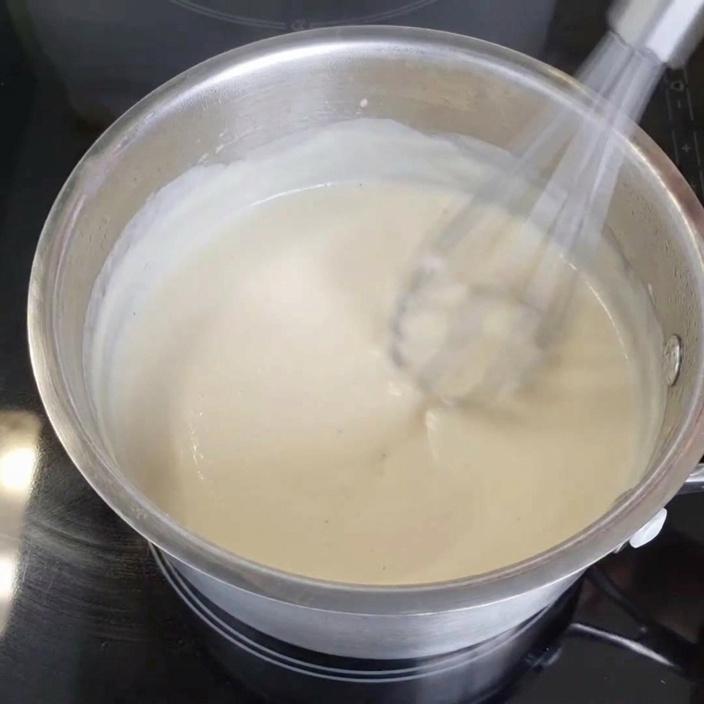 A metal wire whisk rapidly stirring a smooth, creamy white sauce in a small stainless steel saucepan on an induction cooktop.
