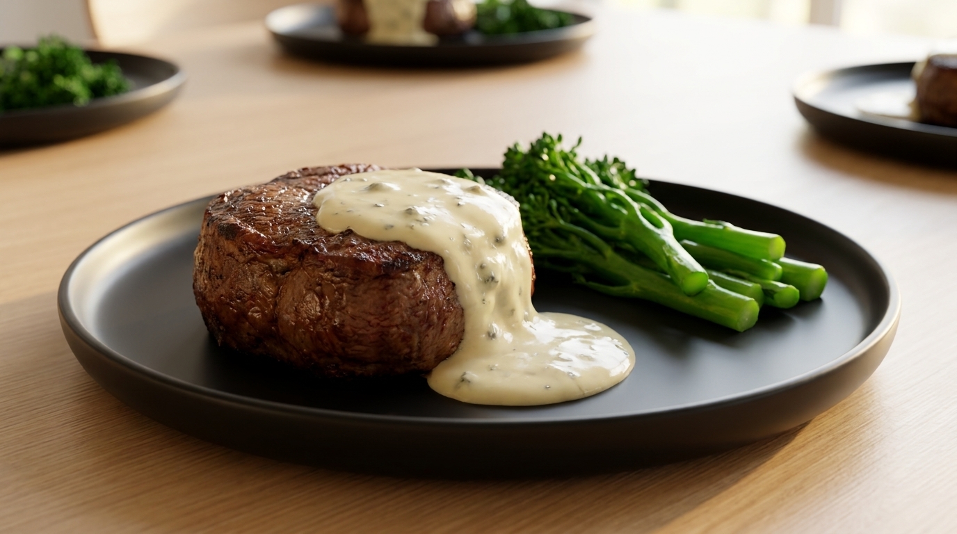 A perfectly cooked filet mignon steak draped in a rich blue cheese sauce, served with steamed broccolini.
