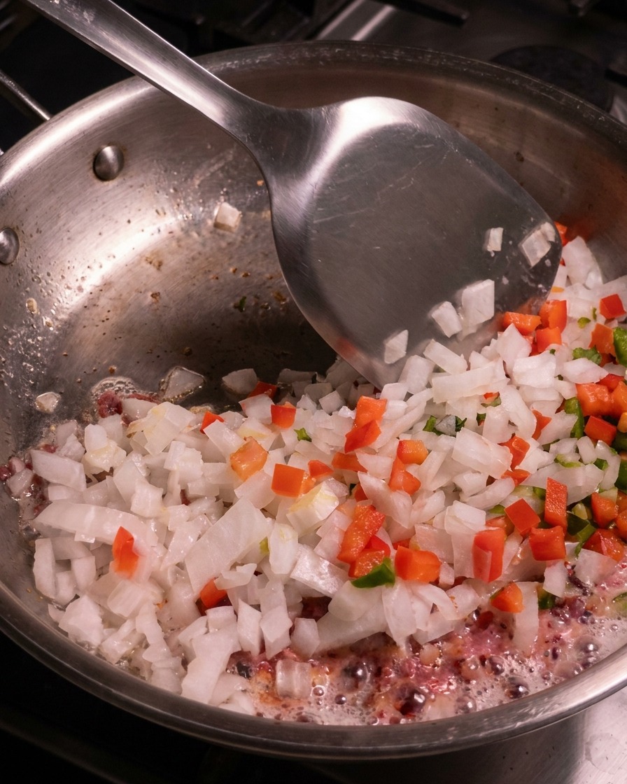 A metal spatula stirring a colorful mixture of diced onions, peppers, and bacon cooking together in a stainless steel pan.