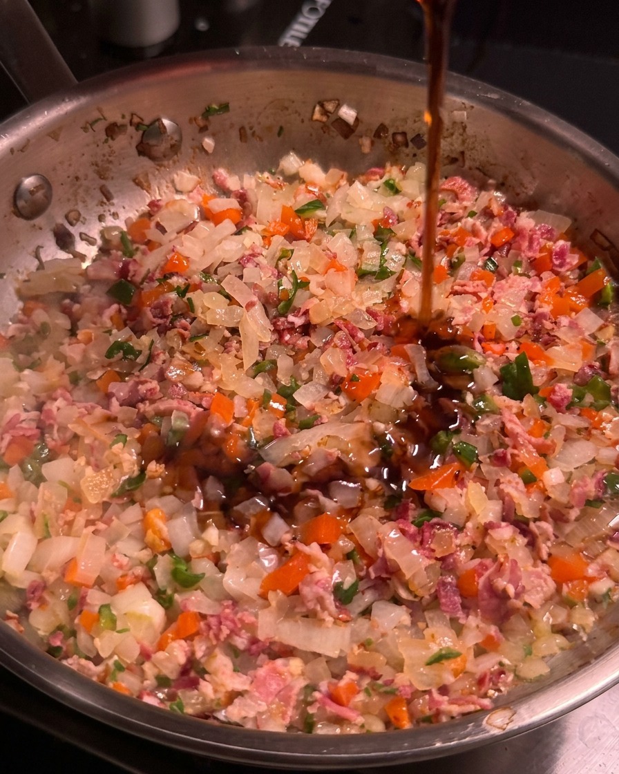 Maple syrup being poured into a stainless steel pan containing chopped bacon, onions, and peppers.