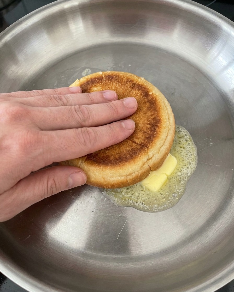 A hand pressing a burger bun half cut-side down into foaming melted butter inside a stainless steel frying pan.