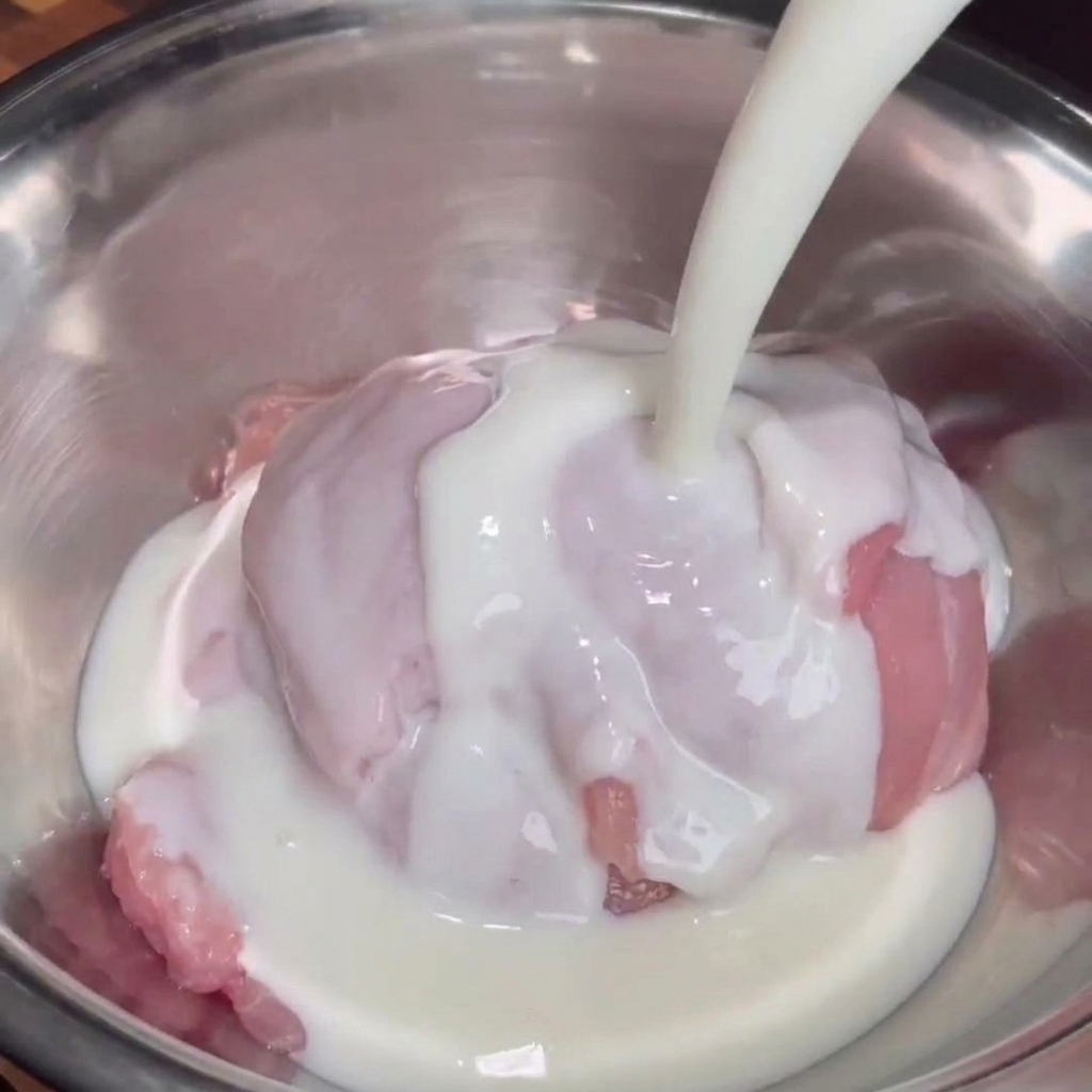 Fresh buttermilk being poured from a bottle directly over raw chicken thighs resting in a metallic mixing bowl.