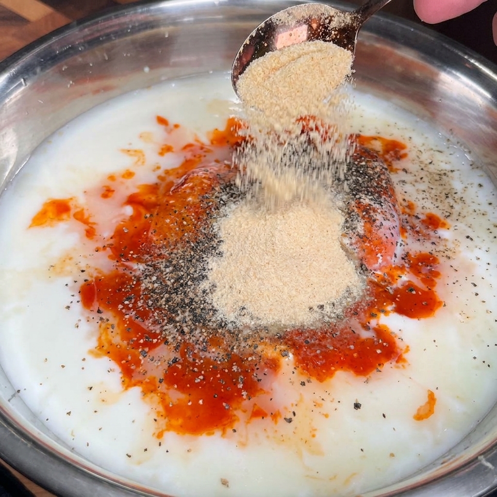 A spoonful of garlic and onion powder being added into a large bowl filled with chicken thighs, buttermilk, spices, and bright red hot sauce.