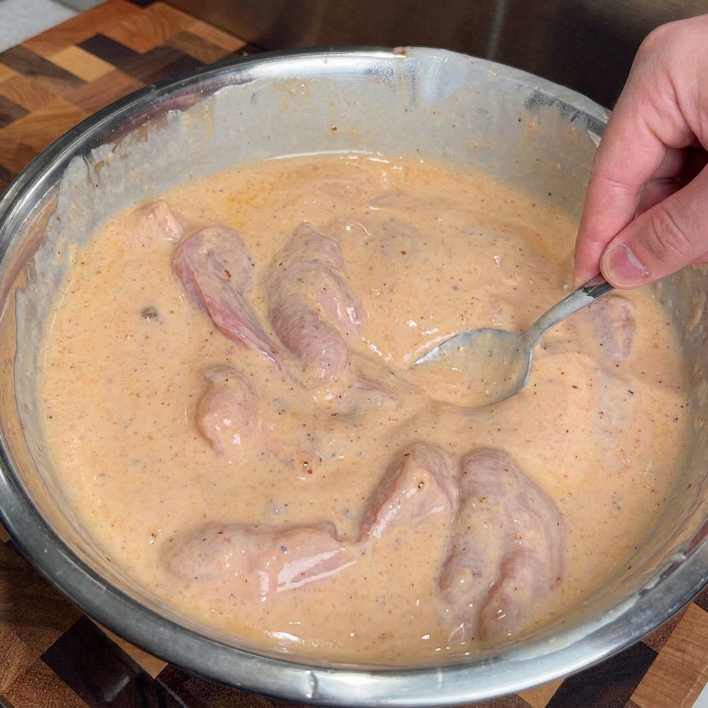 A hand using a spoon to mix seasoned buttermilk marinade around raw chicken pieces in a stainless steel bowl.