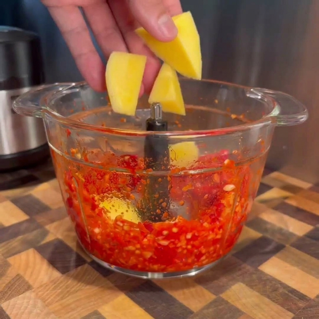 Chunks of fresh yellow mango being added to a food processor containing a vibrant red chili paste.