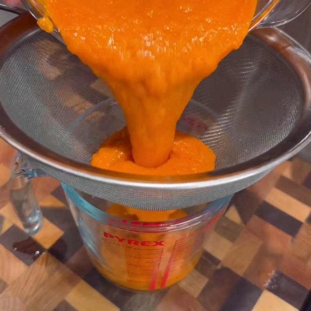 Smooth, bright orange hot sauce being poured and strained through a fine metal sieve into a clear glass measuring cup.