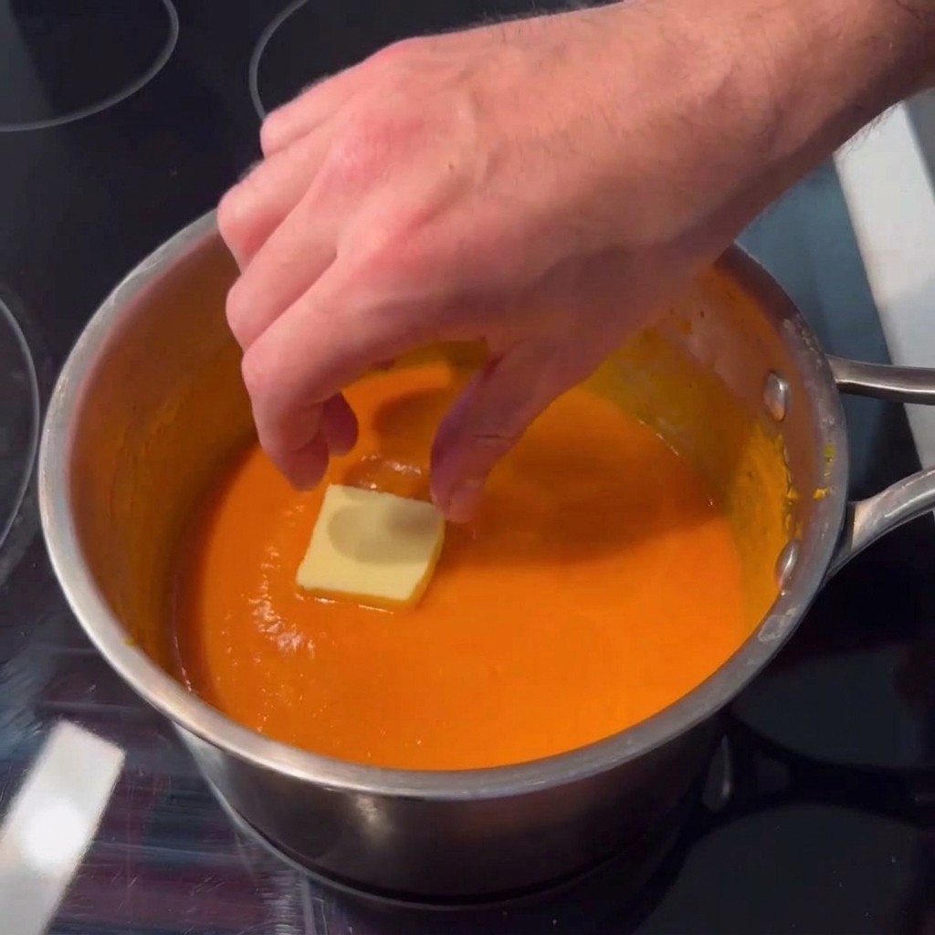 A hand dropping a thick square block of butter into an orange, simmering hot sauce inside a stainless steel saucepan.