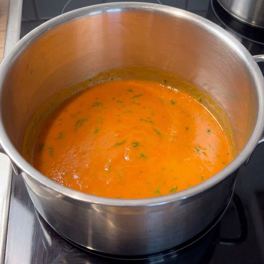 A stainless steel pot filled with a rich, glossy orange buffalo sauce flecked with finely chopped green chives sitting on a cooktop.