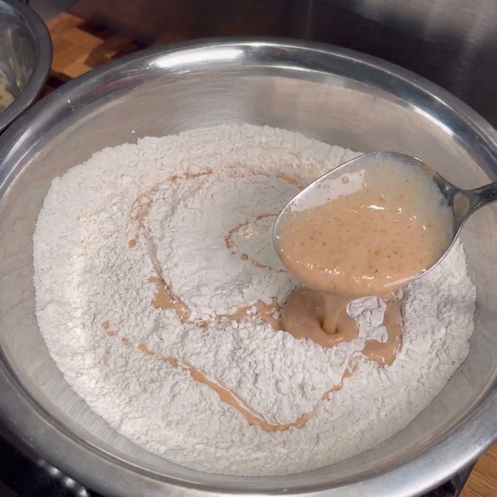 A metal spoon drizzling creamy, seasoned orange buttermilk marinade into a large bowl of white flour to form small flour flakes.