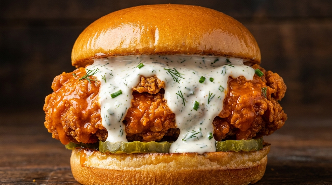 Gourmet Buffalo Fried Chicken Burger with Homemade Mango Ranch