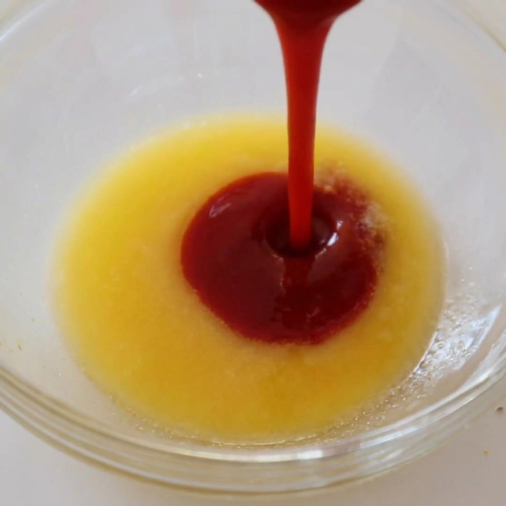 A stream of bright red buffalo sauce being poured into a clear bowl filled with liquid melted butter.