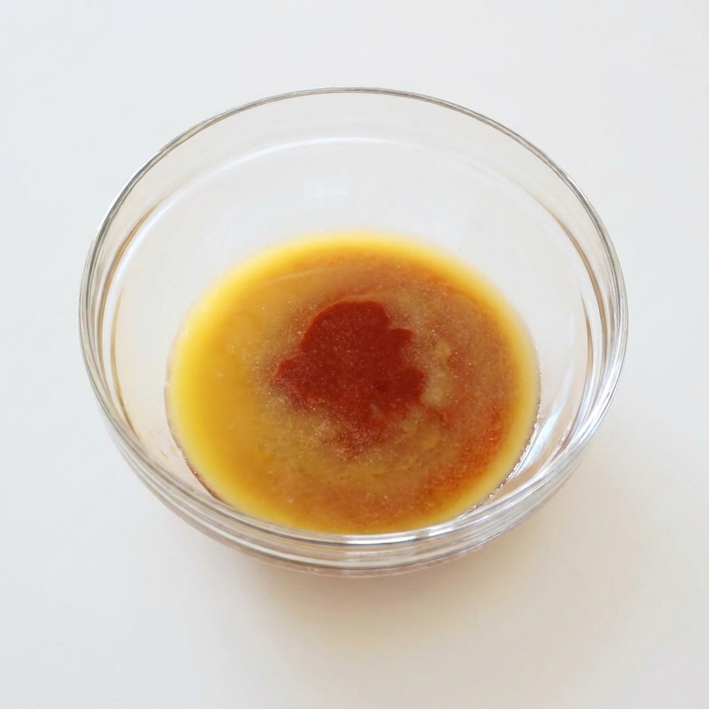 Fine white garlic powder and salt granules lightly sprinkled across the surface of buffalo sauce and melted butter in a bowl.