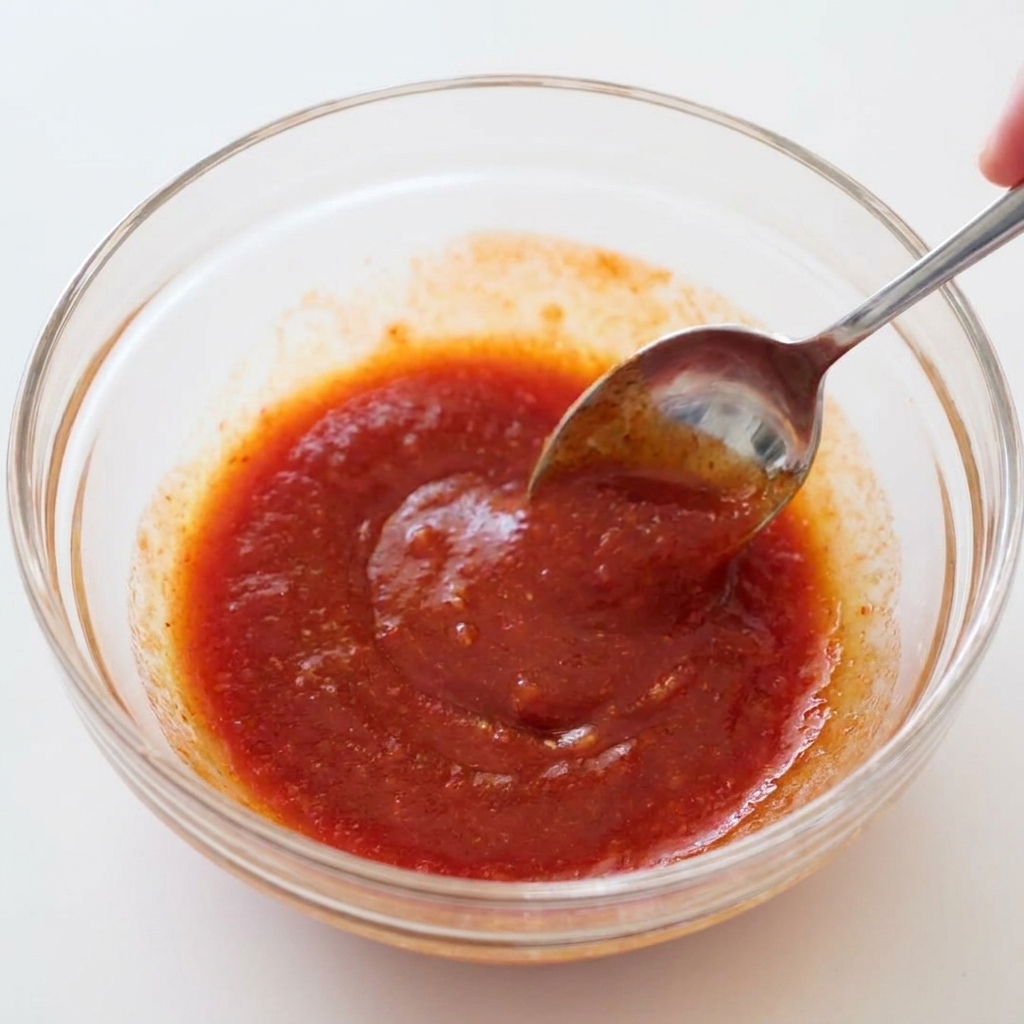 A metal spoon stirring a vibrant red buffalo sauce mixture inside a clear glass bowl to blend the ingredients.
