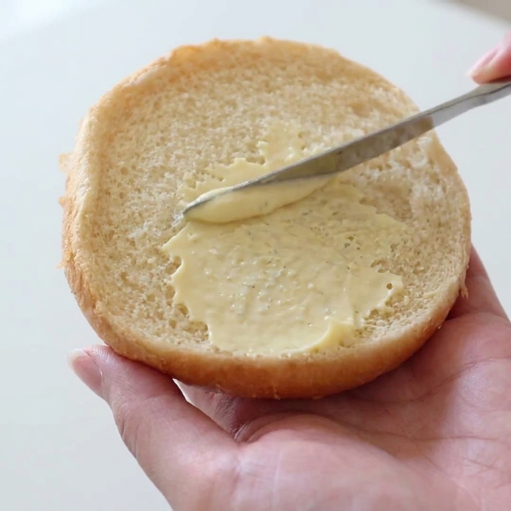 A hand holding a burger bun half while a butter knife smoothly spreads a layer of creamy mayonnaise over its surface.