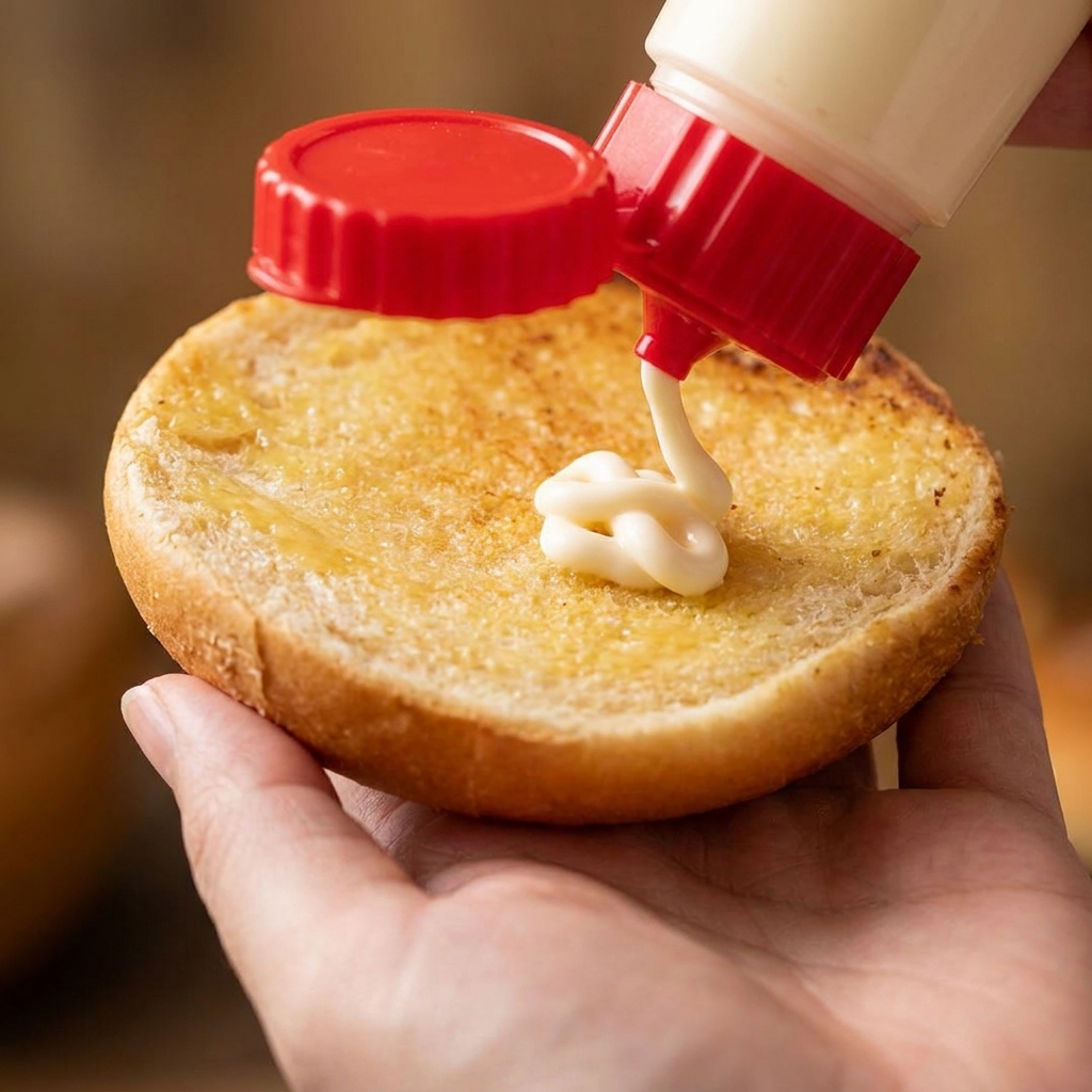 A hand squeezing creamy mayonnaise from a bottle with a red cap onto a toasted golden-brown burger bun held in an open palm.