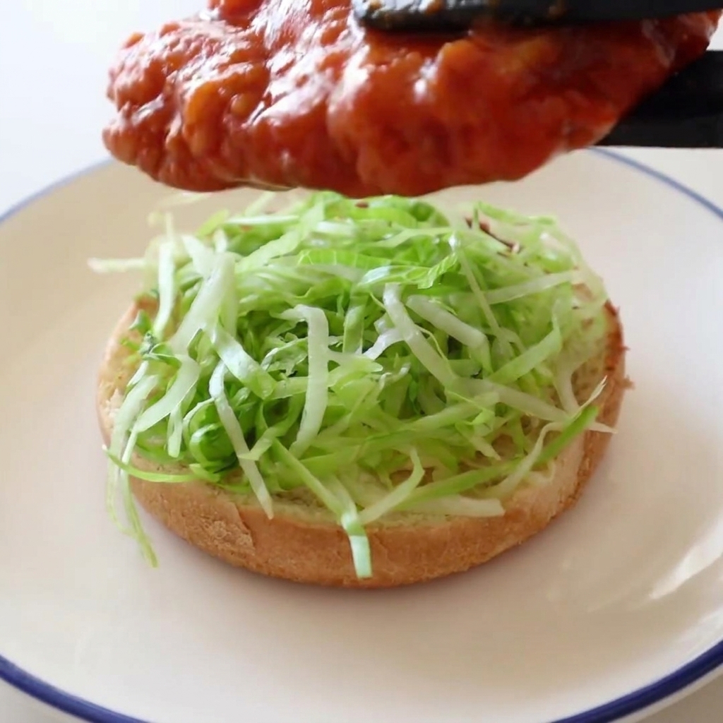 Black tongs holding a bright red, buffalo sauce-covered fried chicken fillet just above a toasted burger bun topped with fresh shredded lettuce.