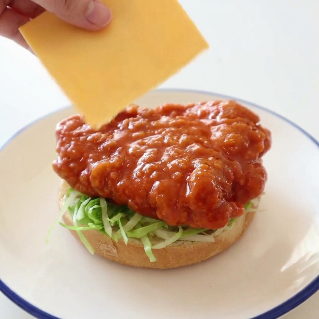 A hand lowering a square slice of cheddar cheese onto a buffalo-sauce-coated fried chicken fillet layered with shredded lettuce on a toasted bun.