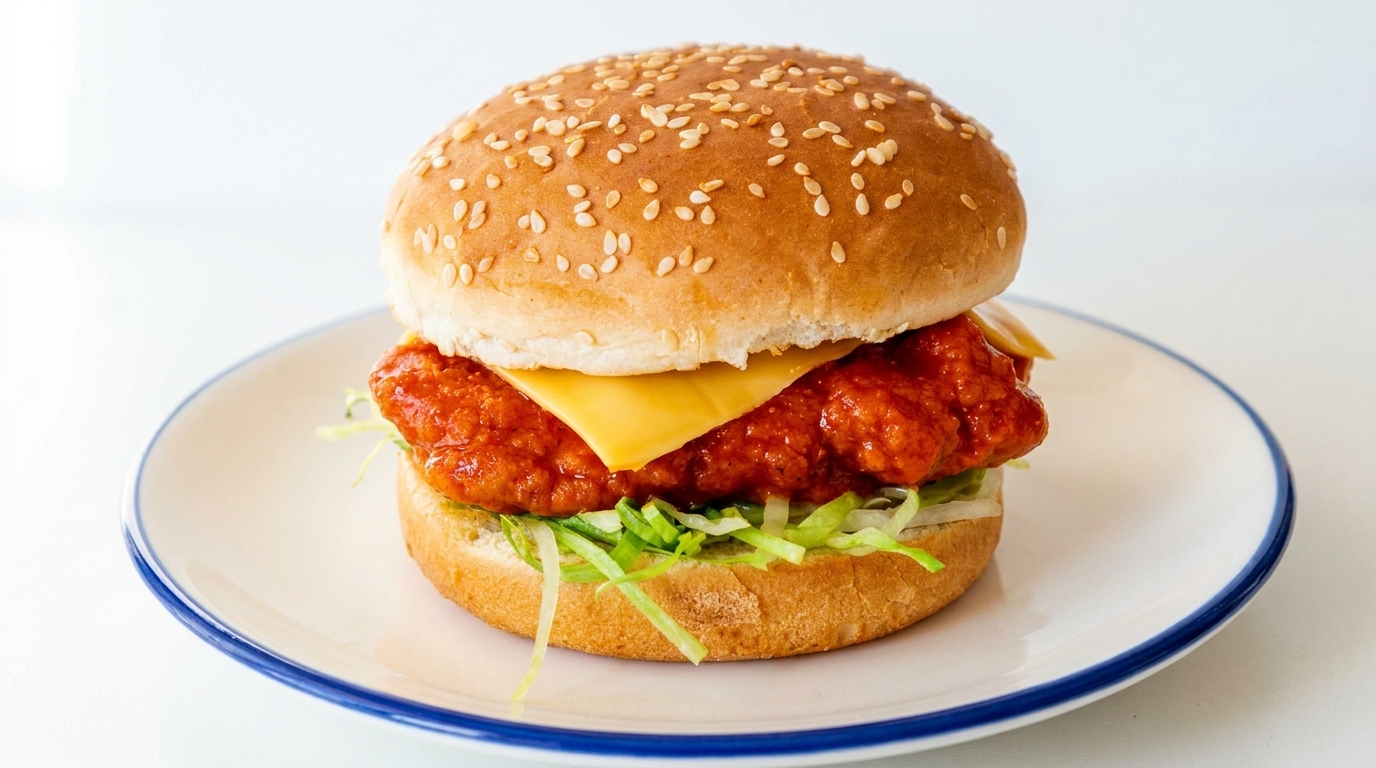 A completed Buffalo Chicken Burger featuring a toasted sesame bun, fresh shredded lettuce, a crispy chicken fillet coated in vibrant red buffalo sauce, and a square slice of yellow cheddar cheese.