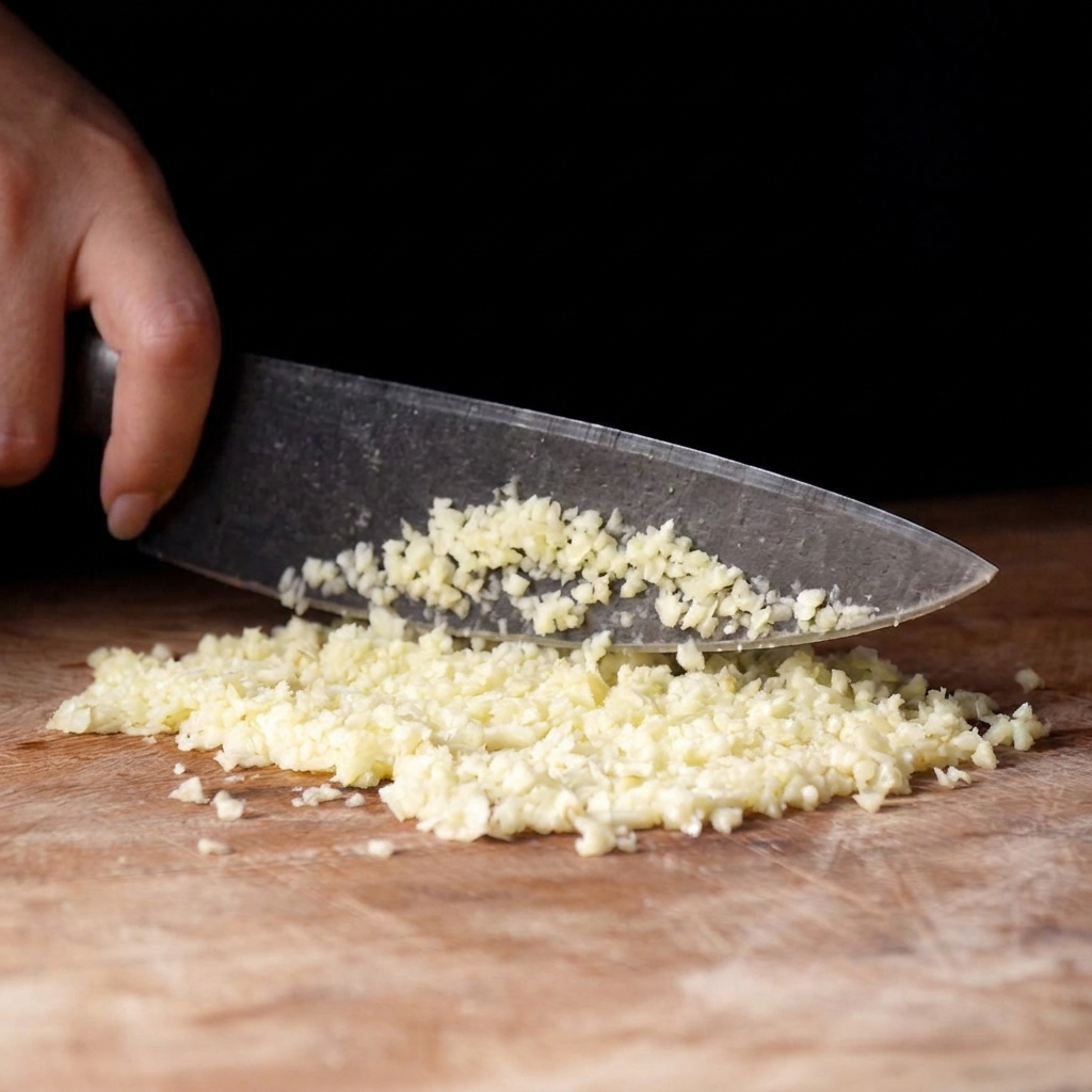 A close-up view of a knife mincing garlic cloves into fine pieces on a wooden cutting board.