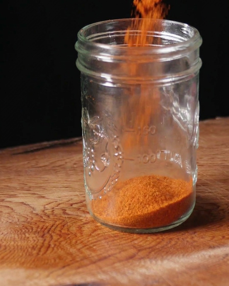 Ground sweet paprika powder being poured into a clear glass mason jar on a wooden surface.