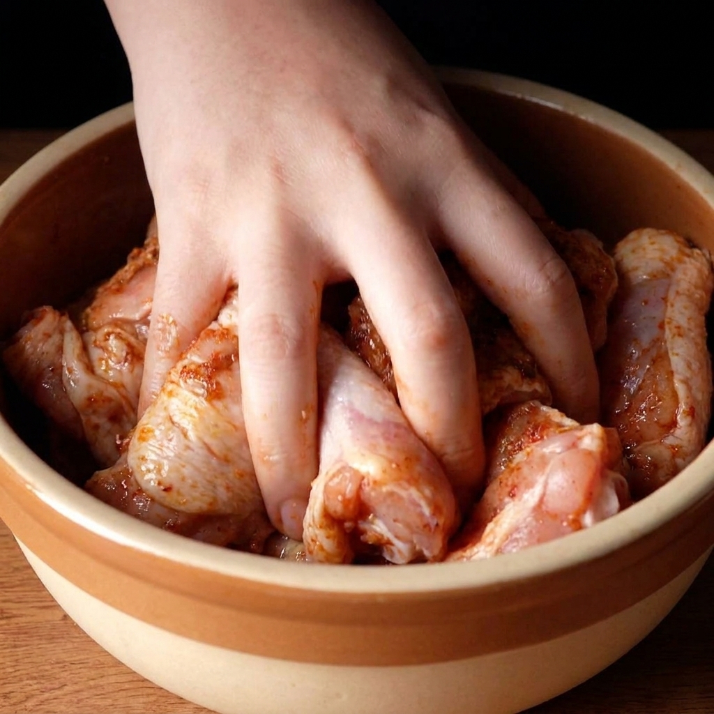 A hand thoroughly massaging and rubbing a reddish Cajun spice marinade into raw chicken thighs inside a ceramic bowl.