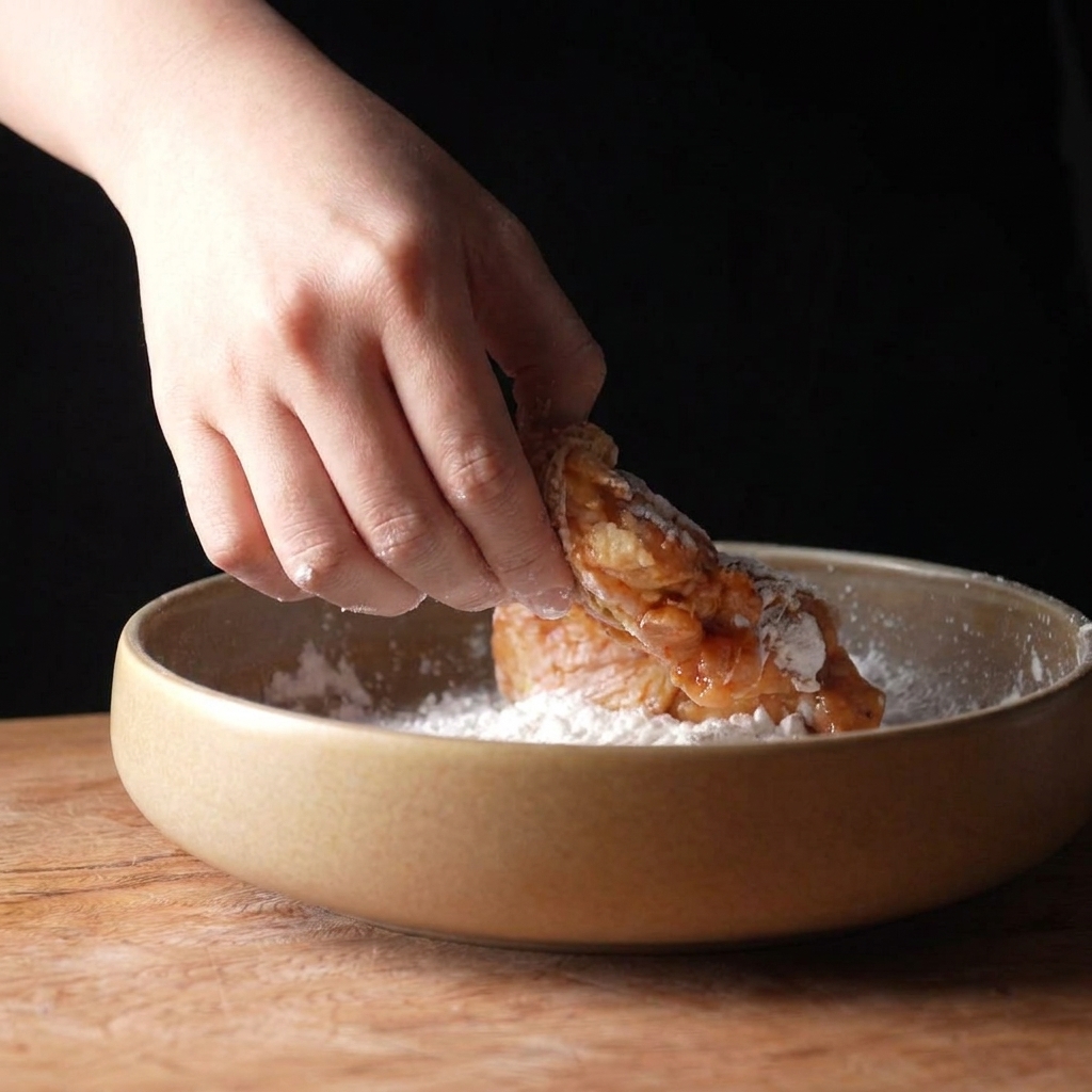 A hand dipping a seasoned chicken thigh into a shallow bowl of cornstarch to give it a thin coating.