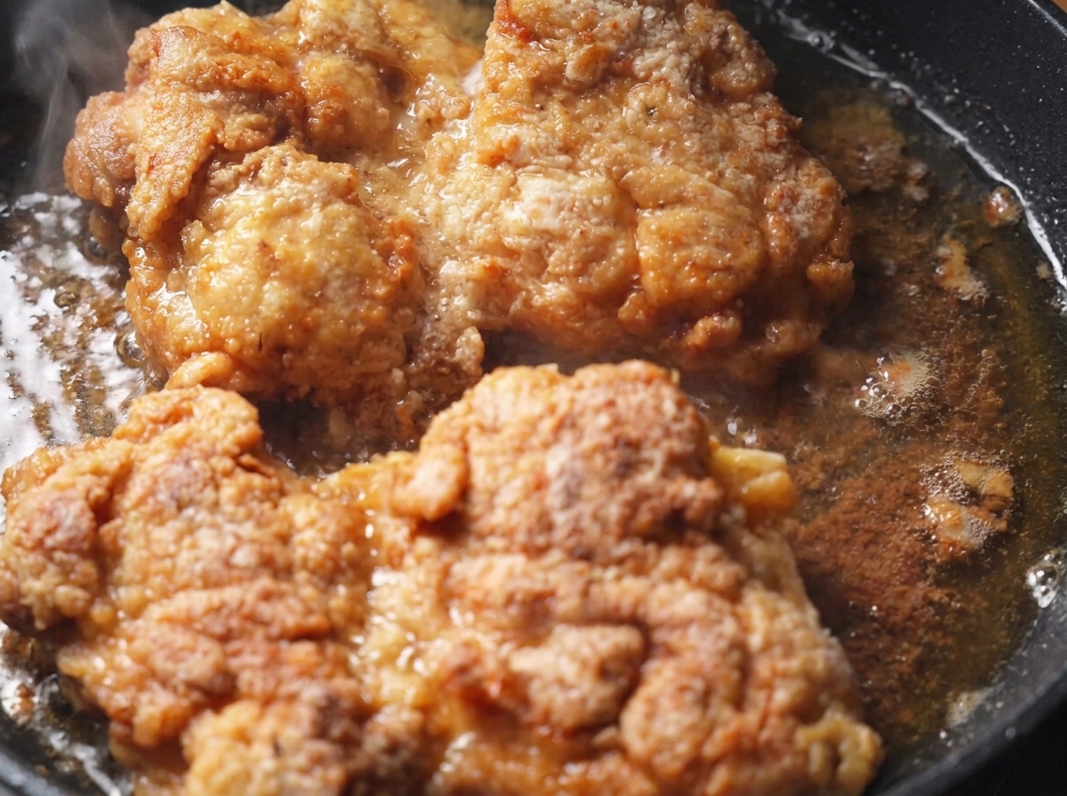 Chicken thighs searing in bubbling oil inside a pan, turning golden brown and crispy.