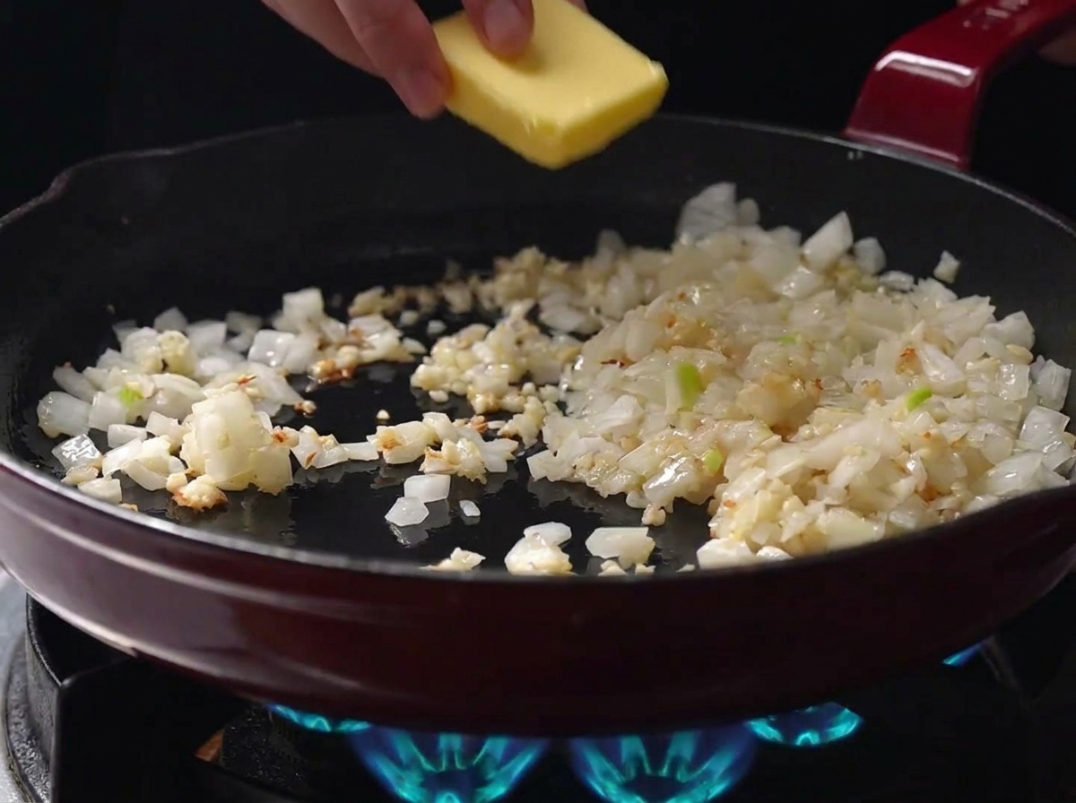 A hand placing a rectangular block of yellow butter into a pan filled with sautéed onions and garlic over a blue gas flame.