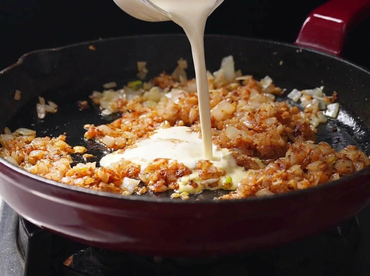 Heavy cream being poured from a glass container into a pan with seasoned, sautéed aromatics.