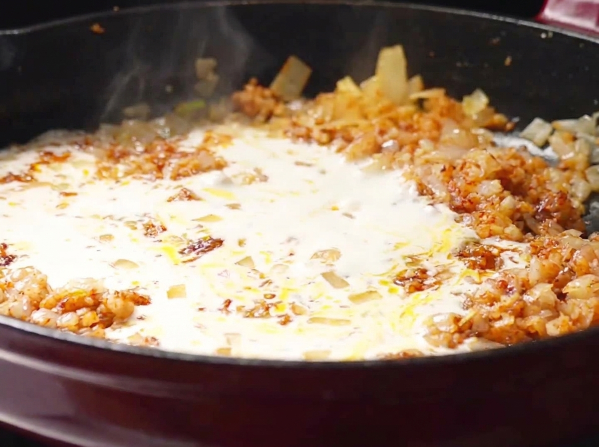 The cream and broth mixture simmering together with Cajun spices and onions in a frying pan.