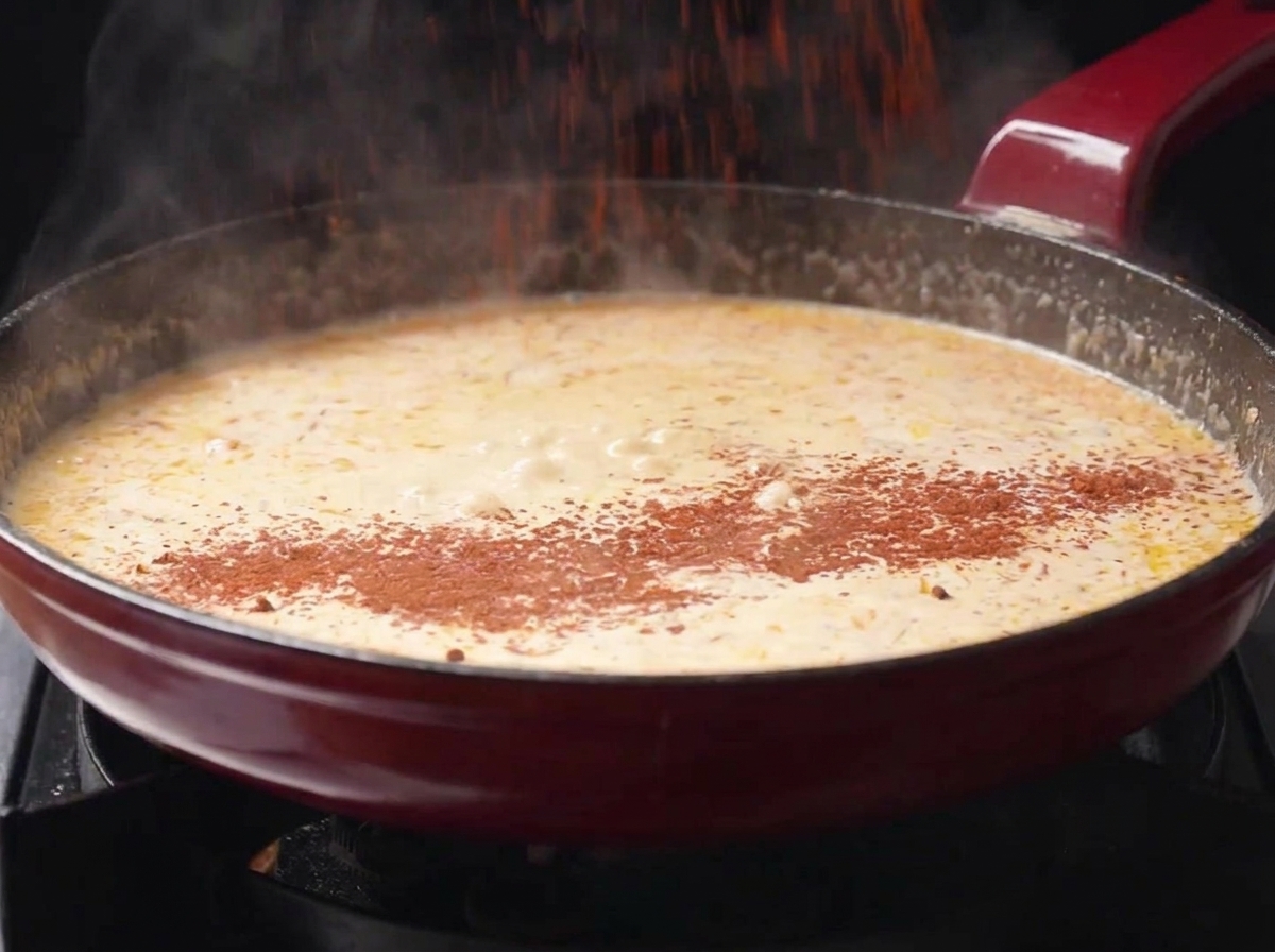 Red chili powder being sprinkled into a bubbling cream sauce inside a red frying pan.