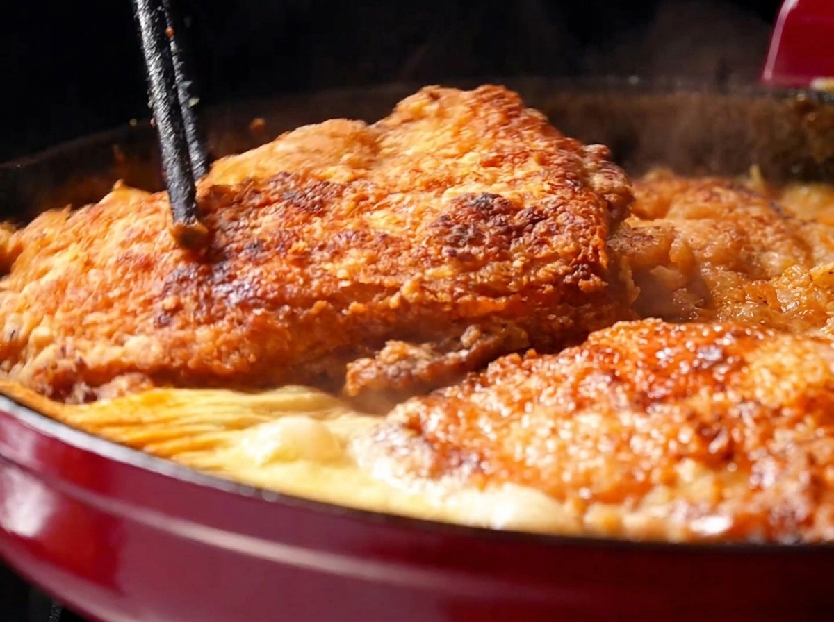 Crispy golden-brown chicken thighs being placed back into a red pan filled with a simmering, rich orange-colored cream sauce using chopsticks.