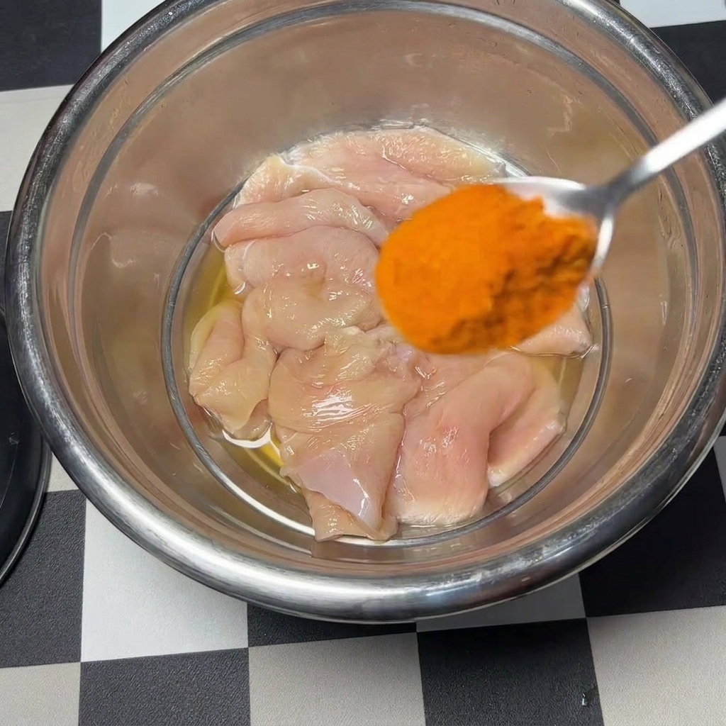 A metal spoon holding bright orange seasoning powder over a stainless steel bowl filled with raw chicken cutlets marinated with a whole egg and liquid seasonings.