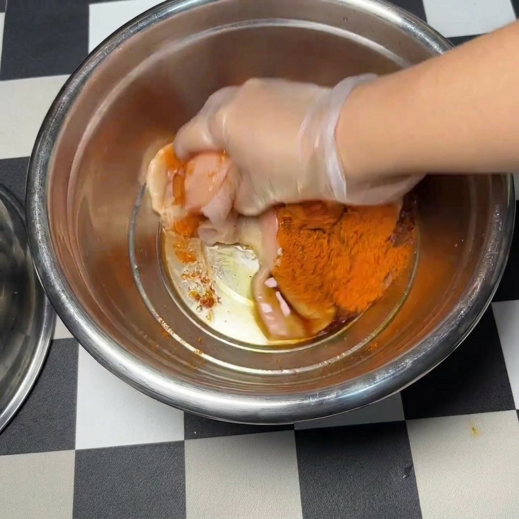 A hand wearing a clear plastic glove massaging raw chicken cutlets in a stainless steel bowl to mix them evenly with a vibrant orange-red spice powder marinade.