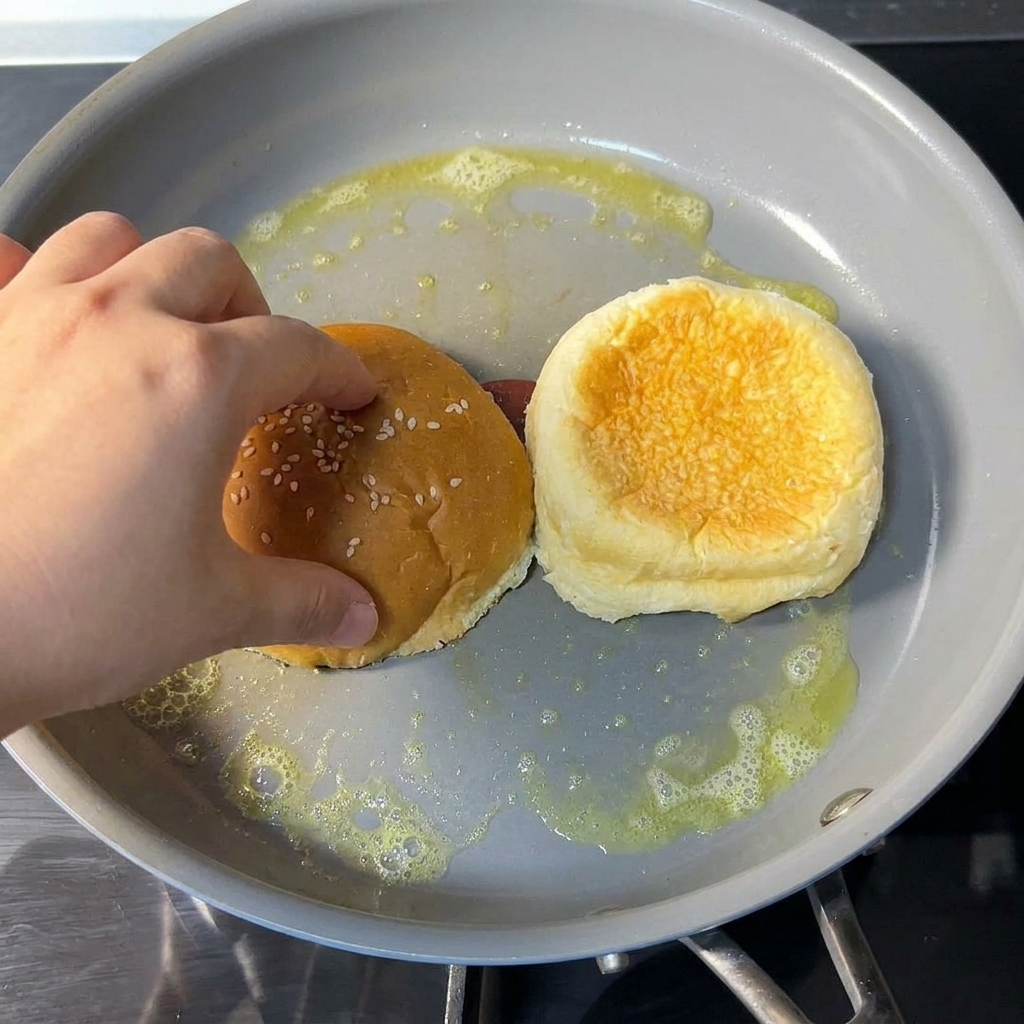 A hand placing a sesame seed burger bun face-down next to another bun inside a gray non-stick skillet coated with bubbling melted butter.