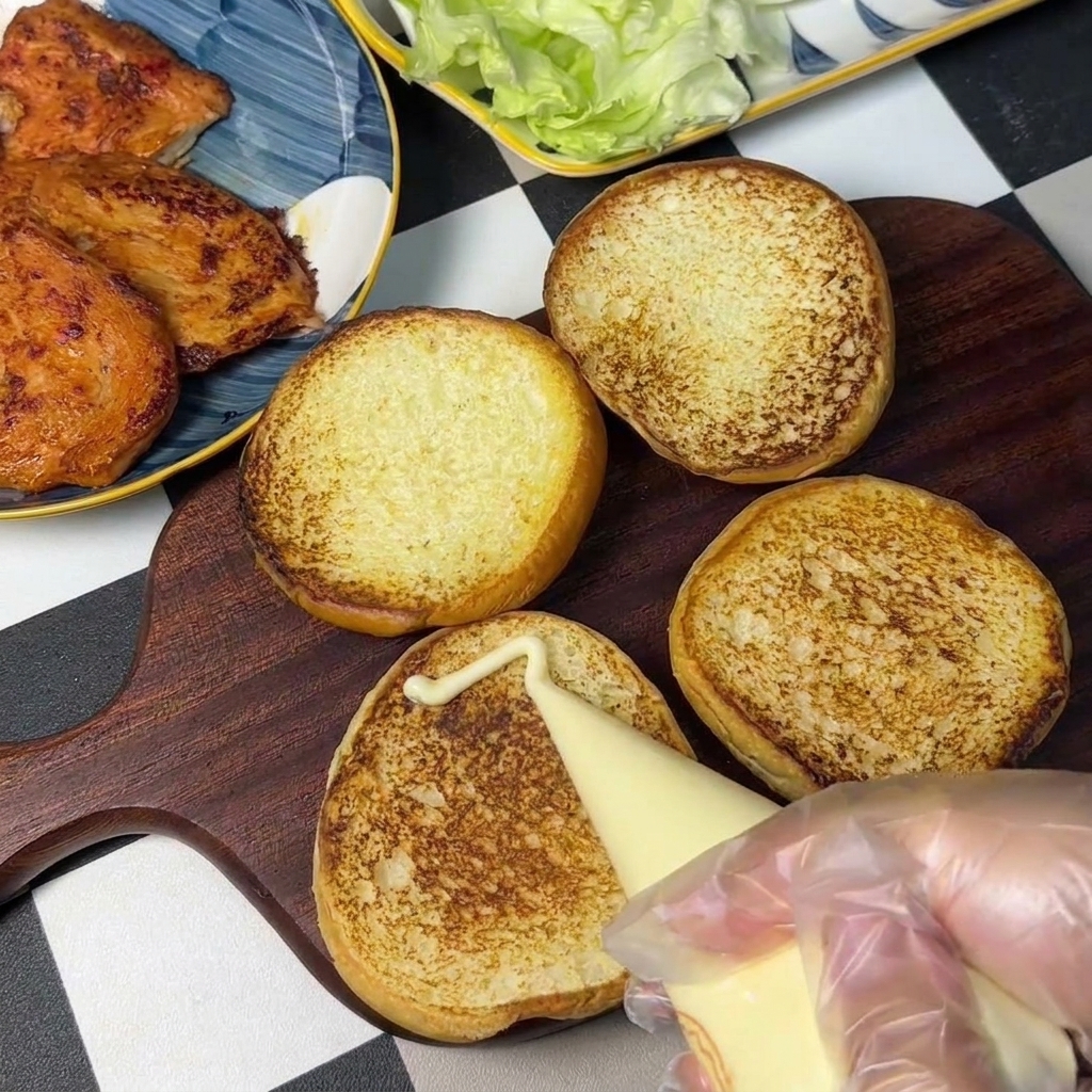 A gloved hand squeezing creamy white mayonnaise dressing from a piping bag onto toasted burger buns arranged on a wooden board.
