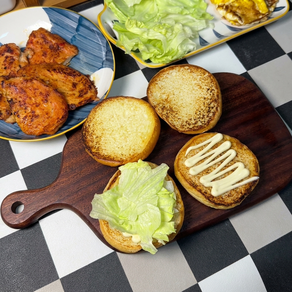 Fresh green lettuce leaves placed on toasted burger buns with mayonnaise, next to plates containing pan-fried chicken cutlets and fried eggs ready for assembly.