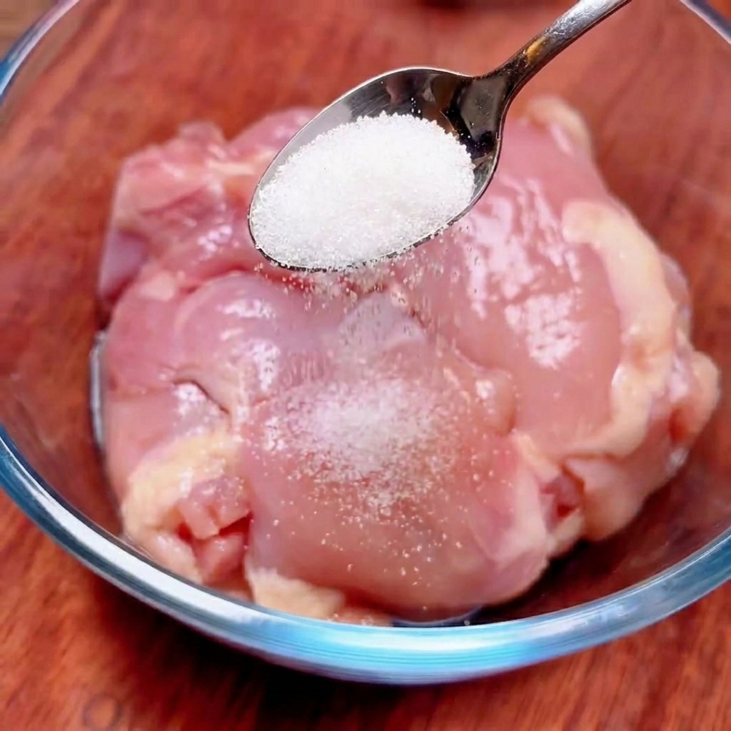 A metal spoon sprinkling fine white salt over raw chicken thighs inside a clear glass bowl.