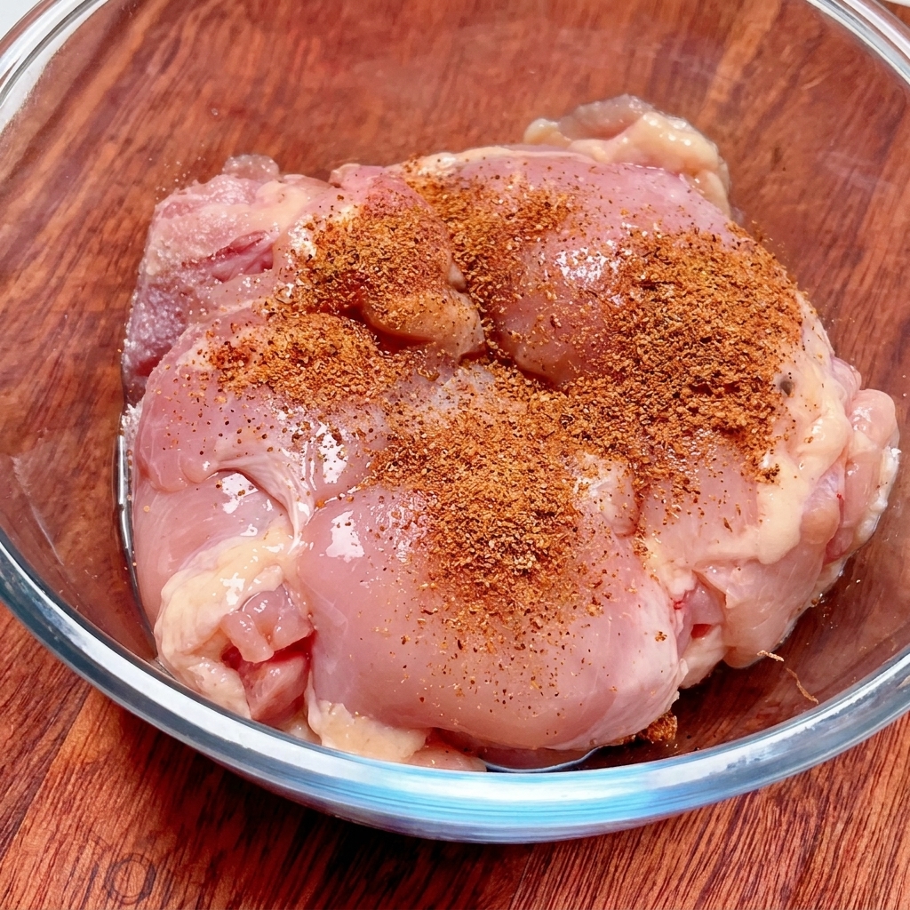 Reddish-brown Cajun spice powder generously dusted on top of raw chicken thighs in a clear glass bowl.
