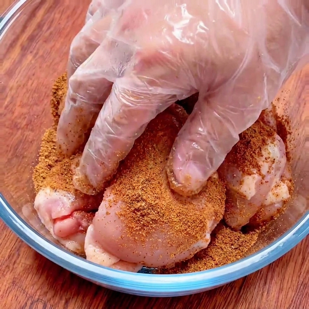A hand in a clear plastic glove rubbing and coating raw chicken thighs with red-brown Cajun seasoning inside a glass bowl.