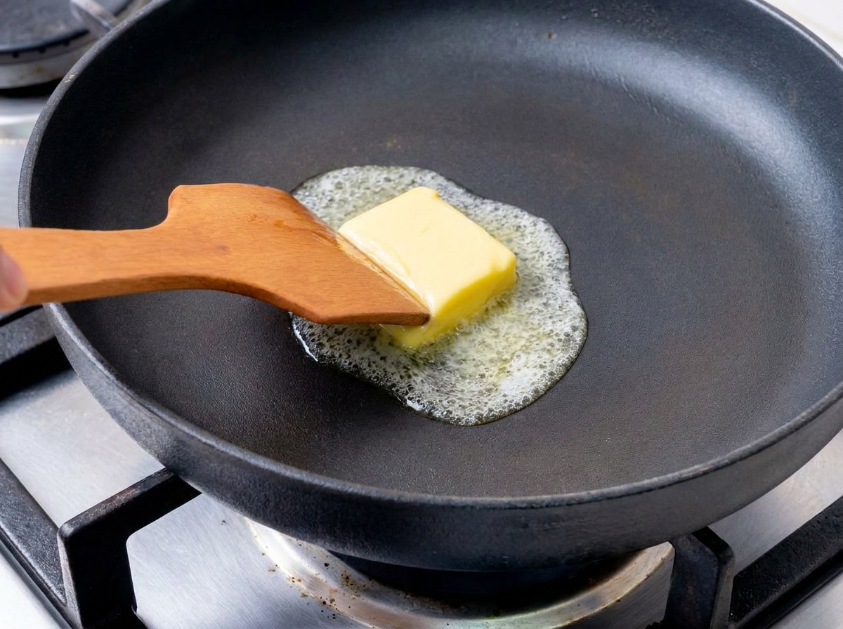 A square piece of yellow butter melting and foaming in a black skillet, being moved around with a wooden spatula.